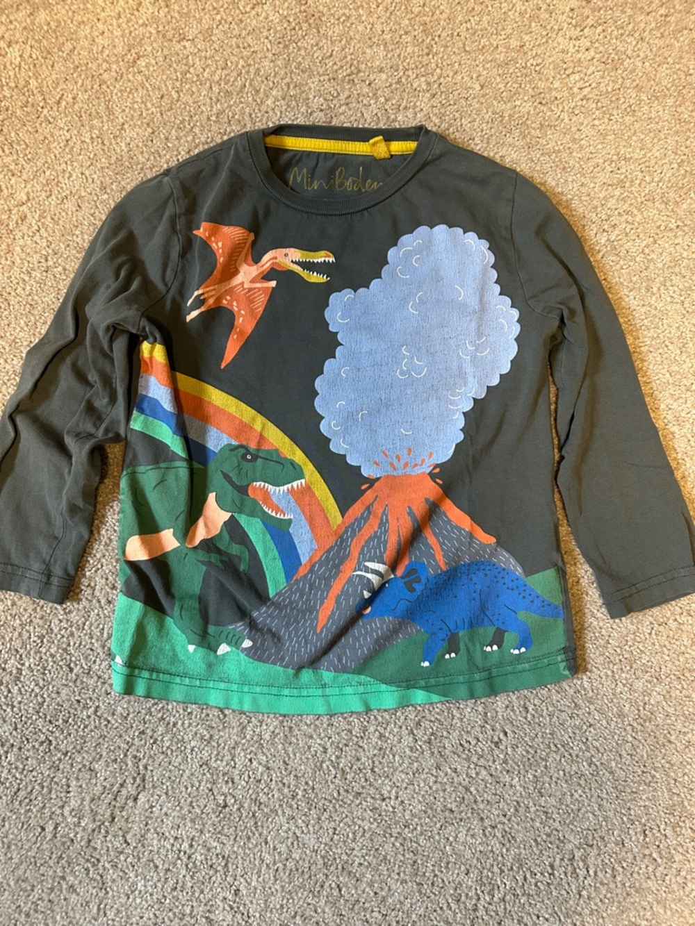 Mini Boden Charcoal Long-Sleeve Tee with Colorful Dinosaur & Volcano Print